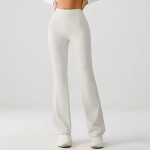 Private Label Solid Ribbed Flare Pants Women Seamless <b>Yoga</b> <b>Trousers</b> High Waist Breathable Eco-Friendly Wholesale - Product Image 2