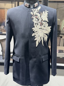 Blue Floral Hand Embroidered Bandhgala Jacket Indo Western <b>Prince</b> <b>Coat</b> Stretchable Wedding Party Formal Wear - Product Image 6