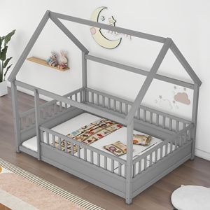 Letto a terra in legno grigio a grandezza naturale con tetto a casetta e sponde di sicurezza per bambini - Product Image 6