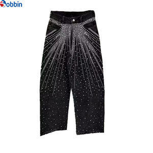 Jeans pour femmes vintage, ornés de strass brillants, style streetwear, nouvelle mode, taille haute, délavé rétro, coupe ample, avec strass thermocollés - Product Image 4