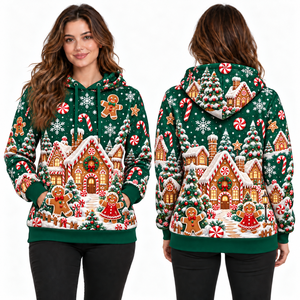 Women's Christmas Gingerbread House Printed Hooded Fleece Windproof Streetwear Sweatshirt Full Sleeve Knitted Winter Pullover - Product Image 1