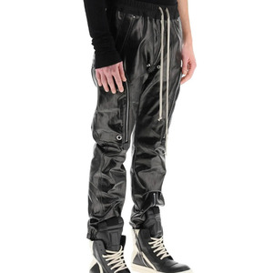 New Fashion Mid Elastic Drawstring Waist Zip Pockets Straight Wholesale Price Custom Made Leather Pants for Men With Custom Logo - Product Image 3
