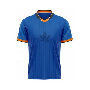 T-shirt de sport pour homme à rayures bleues, col en V, manches courtes, respirant, en polyester tricoté, coupe classique, logo sur le devant - Product Image 6