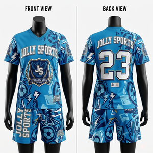 Ensemble short et maillot de football en maille polyester anti-humidité GSM pour femme, avec empiècements contrastants bleu sarcelle et orange, logo personnalisé en twill, ensembles pour femme - Product Image 2