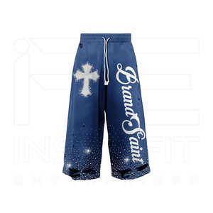 Conjunto Deportivo para Hombre, Estilo Urbano, Azul Lavado Ácido, Sudadera con Capucha, Logotipo de Marca con Pedrería, Estampado Cruzado, Pantalones Deportivos con Cordón, Manga Larga, Invierno - Product Image 4