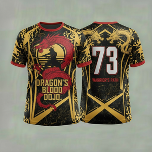 Camiseta Dragon's Blood Dojo con estampado por sublimación, manga corta, ajustada, unisex, diseño de guerrero negro, dorado y rojo, número 73 - Product Image 1