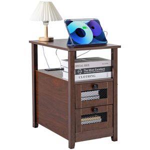 Tavolino Stile Fattoria con Stazione di Ricarica, Mobile Contenitore a 4 Ripiani, 2 Cassetti, Comodino per Soggiorno - Prodotto USA - Product Image 1