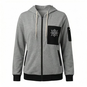 Women Gray Hooded <b>Zipper</b> <b>Sweatshirt</b> With Geometric Patch Pocket Casual Full Sleeve Autumn Wear - Product Image 1