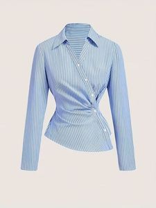 Blusa a rayas con lazo para mujer, manga larga, cuello camisero, con botones, para oficina, corte regular, tela popelina - Product Image 1