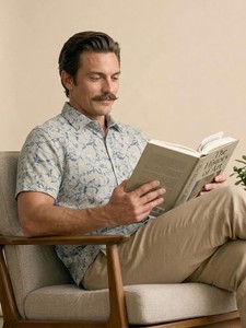 Men's Short Sleeve Casual Shirt <b>Light</b> Blue <b>Leaf</b> Print Turn-down Collar Breathable Poplin Summer Style Linen/Cotton Double - Product Image 1