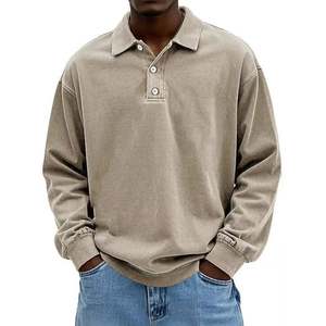 Polo vintage de haute qualité à manches longues, chemises polo à manches longues en coton délavé à l'acide, style rétro pour hommes - Product Image 3