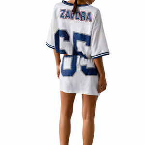 Women Mesh American Football Jersey Two Piece Set Crop <b>Top</b> Mini Skirt Rhinestone Number Breathable Polyester Sportswear T shirt - Product Image 5