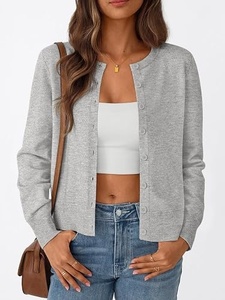 Cárdigan de punto gris para mujer, manga larga, cuello redondo, botones frontales, suéter informal, color sólido, manga completa, longitud regular - Product Image 1