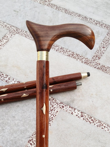 Handcrafted <b>Wooden</b> Walking Cane with Curved Carved <b>Handle</b> Brass Detail Vintage Classic Walking Stick Handmade Cane - Product Image 1