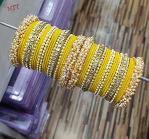 Luxurious New Arrival 2026 Emerald Green Velvet <b>Bangles</b> with Intricate Faux Pearl and Gold Stone Embellishment Chooda <b>Bangle</b> Set - Product Image 5