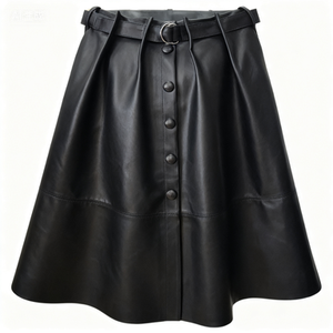 Mini-jupe noire en similicuir PU pour femme - Taille haute, coupe trapèze avec ourlet à volants, personnalisable pour le printemps et l'été, et service OEM/ODM - Product Image 1