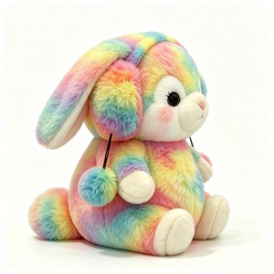 Peluche de lapin personnalisée à visage rond et oreilles tombantes, Peluche de lapin à visage rond et oreilles tombantes, Peluche de lapin à queue arc-en-ciel, Lapin avec cache-oreilles pompons multicolores - Product Image 2