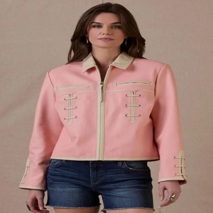 Chaqueta Vaquera de Cuero Rosa con Bordado de Roadrunner y Detalles con Cordones - Product Image 1