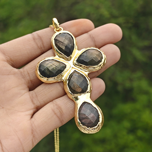 Pear Cut 18K Gold Plated Punk Style Pendant Natural Elegant Labradorite Teardrop Shape Brass <b>Chain</b> Wholesale Luxury Necklace - Product Image 2