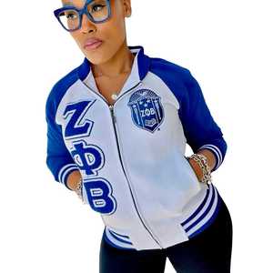 Zeta Phi Beta <b>White</b> Varsity Fleece <b>Jacket</b> Chenille Letter Embroidered Greek Women Bomber Ribbed Cuff Premium Custom Apparel - Product Image 6
