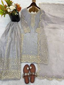 <b>Grey</b> Embroidered Traditional Indian Pakistani <b>Wedding</b> <b>Dress</b> Set Women Ankle-Length Regular Fit PURE FANDY SILK Wrinkle-Free - Product Image 5