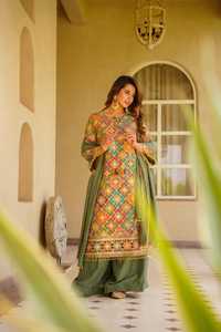 <b>Womens</b> Green Chinon Silk Sharara <b>Suit</b> Set With Aari Mirror Work Digital Print Pearl Dupatta Fully Stitched Festive <b>Wedding</b> - Product Image 5