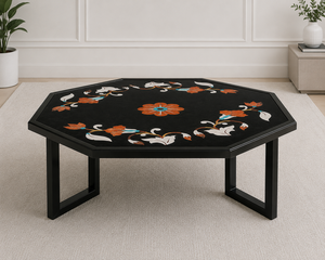 Table en marbre noir artisanal avec incrustations, table basse moderne de luxe en marbre, meubles élégants avec incrustations en pierre, marbre noir de qualité supérieure - Product Image 3