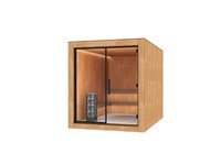 Sauna en bois en forme de cube, extérieur noir élégant, intérieur en bois naturel, murs vitrés panoramiques, écologique, sûr, traditionnel