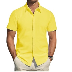 เสื้อเชิ้ตเดรสผู้ชายสีเหลือง แขนสั้น ทรงเข้ารูป คอตั้ง ผ้าซาตินถัก ระบายอากาศได้ดี ขายส่ง - Product Image 1