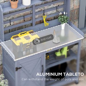 Banco da Giardinaggio in Legno Grigio con Piano in Alluminio per Uso Esterno, Porta Attrezzi e Piante da Giardino - Product Image 4