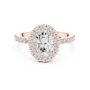 Bague de fiançailles de luxe en or 18 carats (or rose, or blanc) avec halo de diamants taille ovale et micro-pavé pour femme - Product Image 1