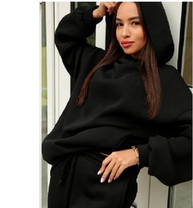 Hot sale winter fashion thick fleece pullover hoodie and blank trousers women's two piece set - Product Image 5