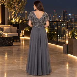 Gray Beaded A-Line <b>Evening</b> <b>Dress</b> | V-Neck Flutter Sleeve Floor Length Formal Gown with Embellished Bodice <b>for</b> <b>Wedding</b> Guest Wear - Product Image 4
