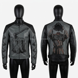 Chaqueta de cuero con estampado a cuadros, diseño gráfico de Zombi Leñador y madera, estilo motero, desgastada, moda urbana para hombre, única - Product Image 3