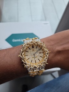 Montre de luxe à design épingle, sertie de diamants, or et argent, style hip-hop, lunette à pointes, style royal, automatique, avec bracelet - Product Image 5