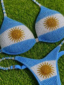 2026 Premium High Quality <b>Rhinestone</b> Argentine Flag <b>Bikini</b> Set Sparkling Crystal Embellished Triangle Top & Thong Swimwear - Product Image 6