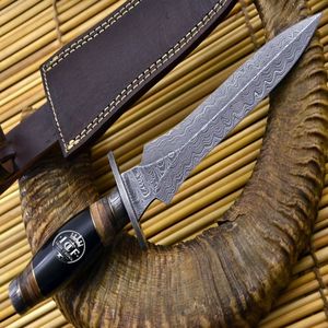Couteau de chasse en acier Damas fait main avec manche en cuir, outil utilitaire OEM pour le camping, la survie et le bushcraft en extérieur - Product Image 1