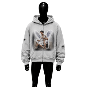 Sudadera con capucha para hombre, color verde oliva, con cremallera, estampado de ángel, de algodón, estilo casual, de felpa francesa. - Product Image 5