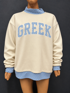 Custom Logo Sorority Apparel Polka Dot <b>Mock</b> <b>Neck</b> Sweatshirt Heavyweight Fleece Greek Letter Embroidery Patchwork Pullover <b>Tops</b> - Product Image 6