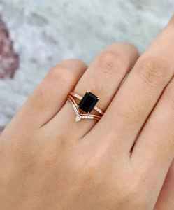 Black Onyx Ring Emerald Cut Ring Set Of 3PCS 925 Sterling <b>Silver</b> 14K Gold Plated Wedding Engagement Ring - Product Image 2