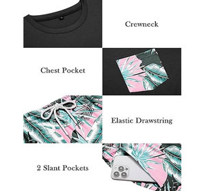 เสื้อยืดสีดำสำหรับผู้ชายพร้อมกระเป๋าลายต้นปาล์มสีเขียวอมฟ้าและกางเกงขาสั้นเข้าชุด ชุดลำลองฤดูร้อน ระบายอากาศได้ดี ผ้าถัก - Product Image 2