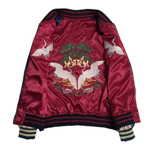 Men's <b>Red</b> Bomber <b>Jacket</b> With White Crane Embroidery Navy Sleeves Zipper Front Vintage Style Satin Lining - Product Image 4