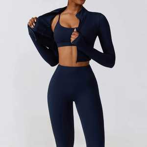 2026 Custom LOGO GYM Sports Wear Zipper Jacket Sexy Halter Sports Bra Backless Vest for Women Yoga Pants Set Active Wear Set - Product Image 1