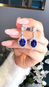 925 Moissanite Luxurious Halo Oval Cut Blue Sapphire Women's <b>Earrings</b> In Sterling Silver 18K White Gold Plated <b>Fine</b> <b>Earrings</b> - Product Image 5
