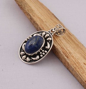 Pendentif en argent sterling 925 avec pierre précieuse naturelle Lapis Lazuli, cabochon ovale serti clos, style vintage Bali, breloque de 18 pouces, vente en gros - Product Image 5