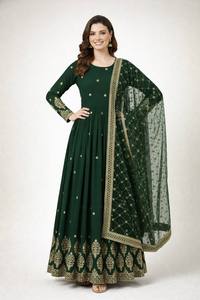 Costume Anarkali vert traditionnel pour femmes avec broderie dorée, longueur au sol, en soie, pour mariage, style Inde Pakistan - Product Image 3