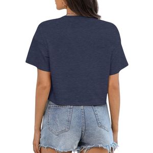 T-shirt personnalisé bleu marine à motifs floraux, vente en gros, haute qualité, coton peigné respirant, manches courtes, décontracté, crop top pour femmes - Product Image 2