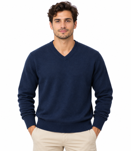 Pull en maille chaud pour homme Livster bleu marine col en V, classique, couleur unie, hiver, col, poignets et ourlet côtelés - Product Image 1