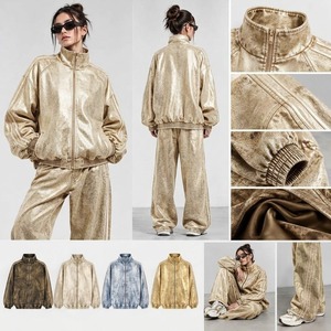 <b>Women</b> Gray Acid Wash Stand <b>Collar</b> Zip up Tracksuit Set Solid Loose Fit Streetwear Jacket and Pants Two Piece Casual Outfit - Product Image 5