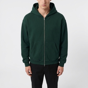 Sweat-shirt à capuche zippé vert foncé uni pour homme avec poche kangourou - Product Image 1